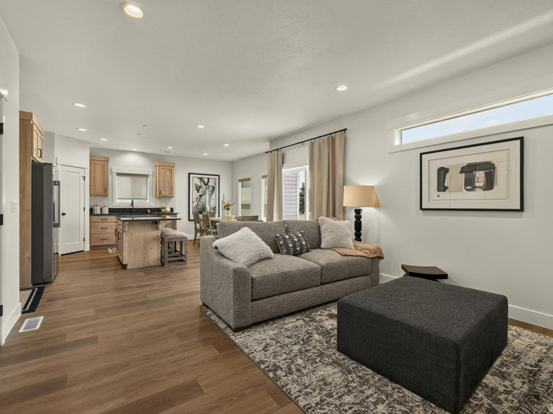 Furnished living room showing the wood plank flooring